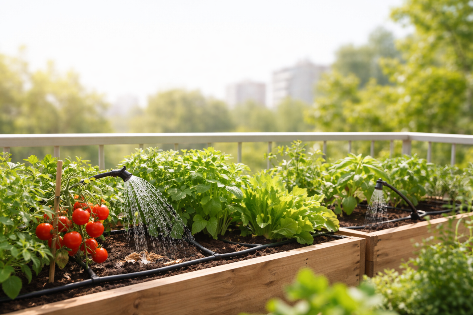 Sistema di irrigazione a goccia per orto sul balcone con pomodori, lattuga ed erbe aromatiche in cassette di legno