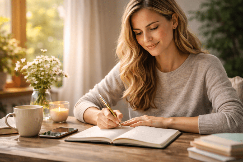 Person writing in a journal in quiet environment, journaling practice to reduce stress and improve mental well-being
