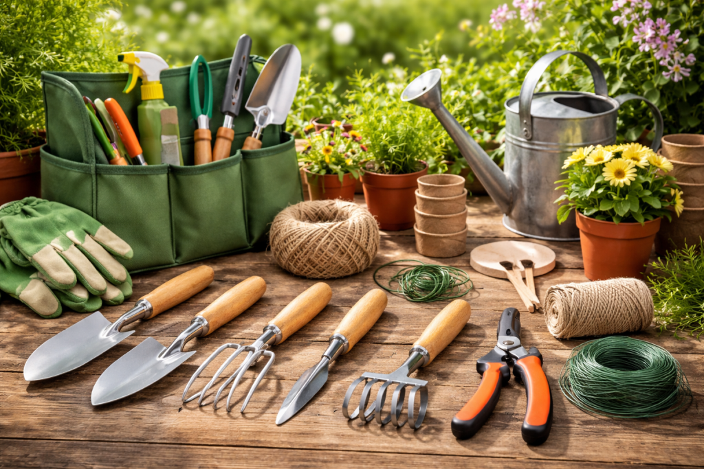 kit di attrezzi da giardinaggio con paletta rastrello cesoie annaffiatoio e guanti su tavolo di legno in giardino
