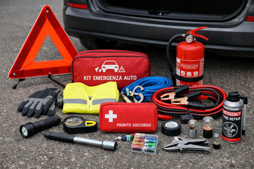 Kit emergenza auto completo con triangolo, giubbotto riflettente, cavi batteria, estintore e pronto soccorso disposti davanti al bagagliaio aperto