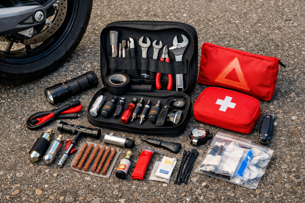 Kit di emergenza per moto con attrezzi e accessori per riparazioni rapide.