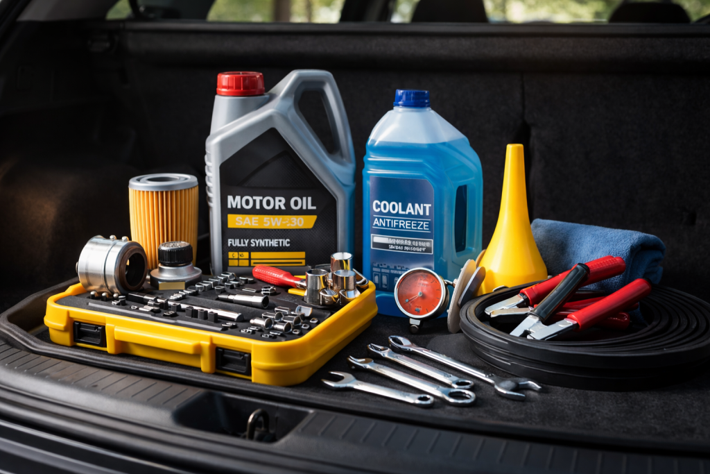 Kit manutenzione auto con attrezzi di emergenza e accessori per la cura del veicolo