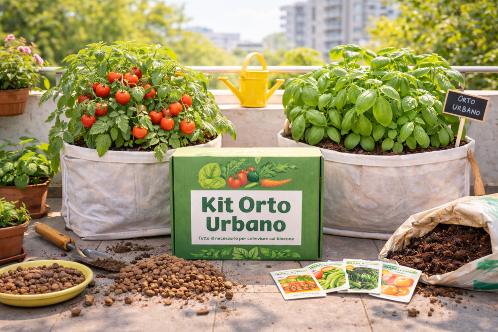 kit orto urbano per coltivare verdure e erbe aromatiche sul balcone con vasi e strumenti da giardinaggio