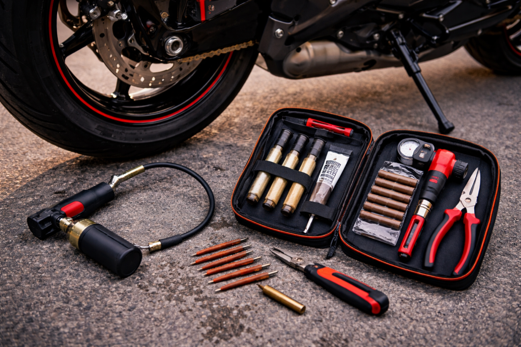 Kit di attrezzi per moto con chiavi e strumenti per manutenzione.