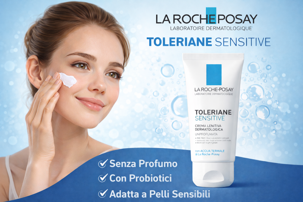 Donna che applica La Roche-Posay Toleriane Sensitive crema viso lenitiva per pelle sensibile