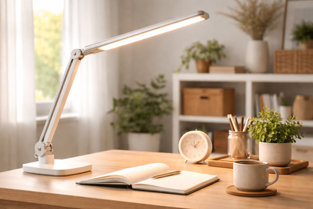 Lampada LED a luce naturale in ambiente domestico moderno e luminoso