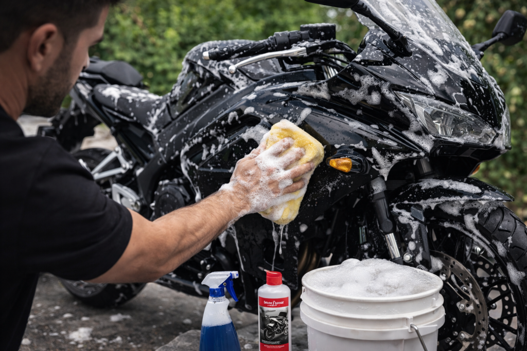 Lavaggio moto a mano con spugna e detergente durante la pulizia domestica della motocicletta