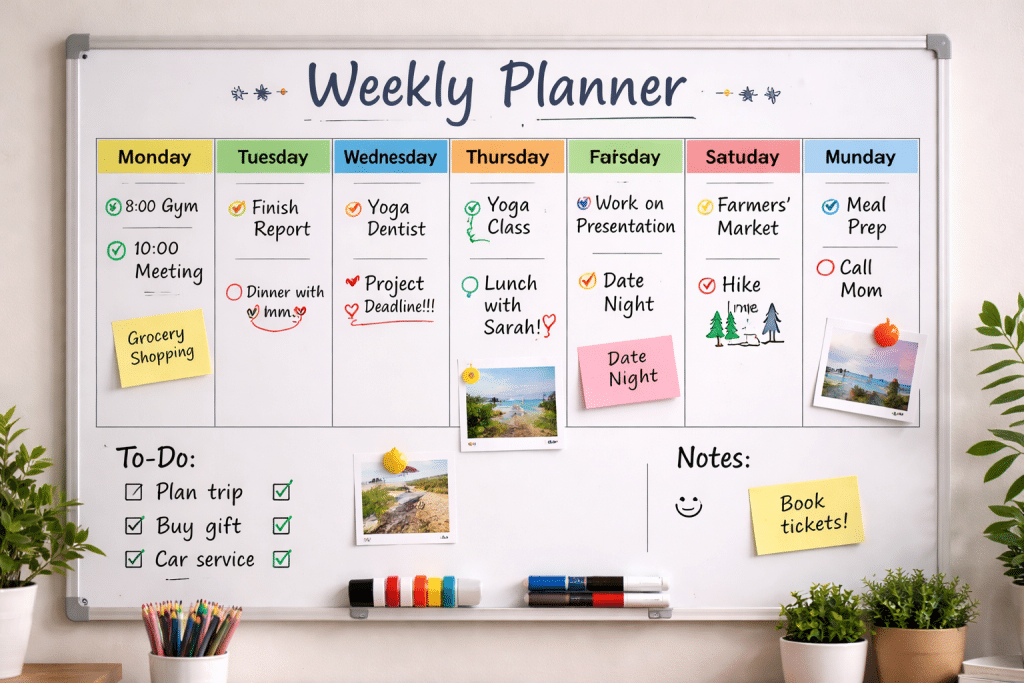 Lavagna planner settimanale cancellabile con giorni della settimana e attività scritte a mano