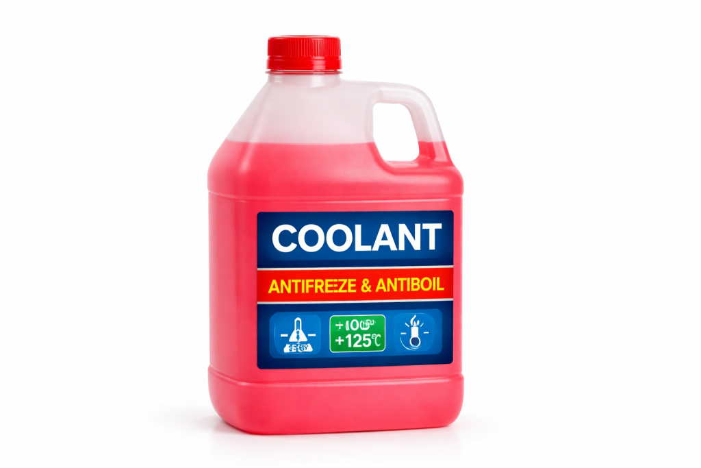 Flacone di liquido refrigerante auto su sfondo bianco.