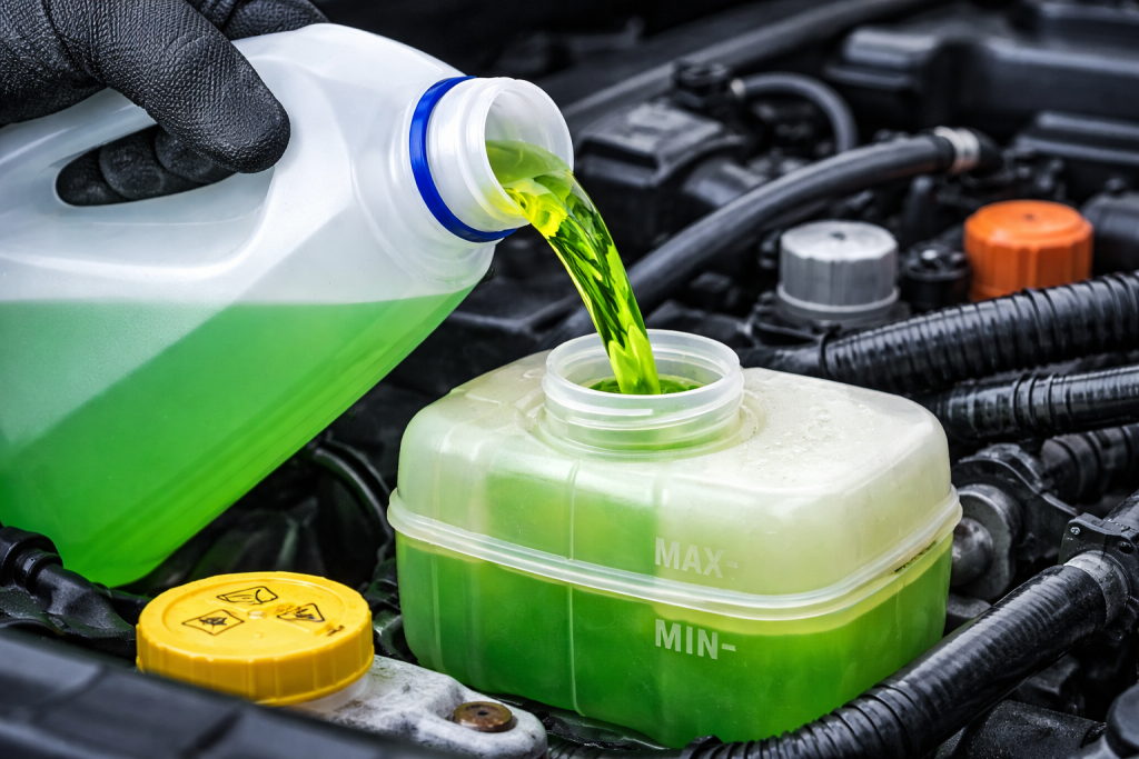 Spilled coolant in the car radiator tray