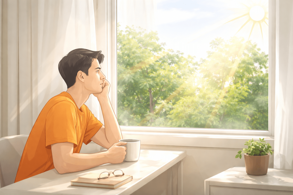 Persona seduta vicino alla finestra illuminata da luce naturale in ambiente domestico