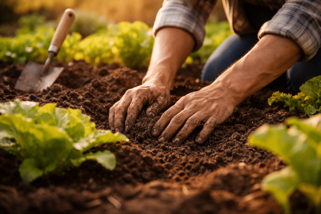 Mani che lavorano la terra in un orto, primo piano su suolo e piante