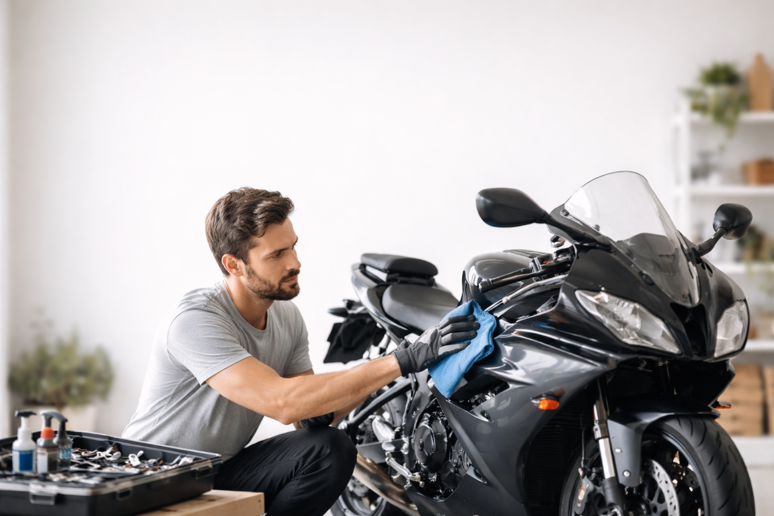 Uomo che pulisce e lucida una moto sportiva nera in garage con panno in microfibra