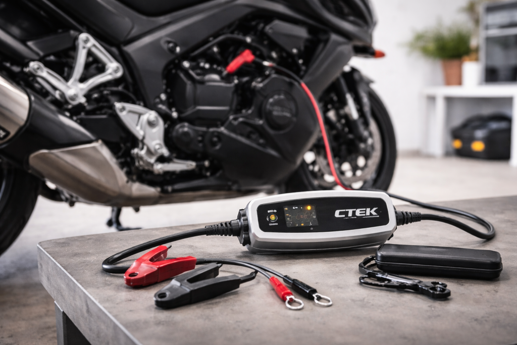 Mantenitore di carica automatico collegato alla batteria di una moto in garage