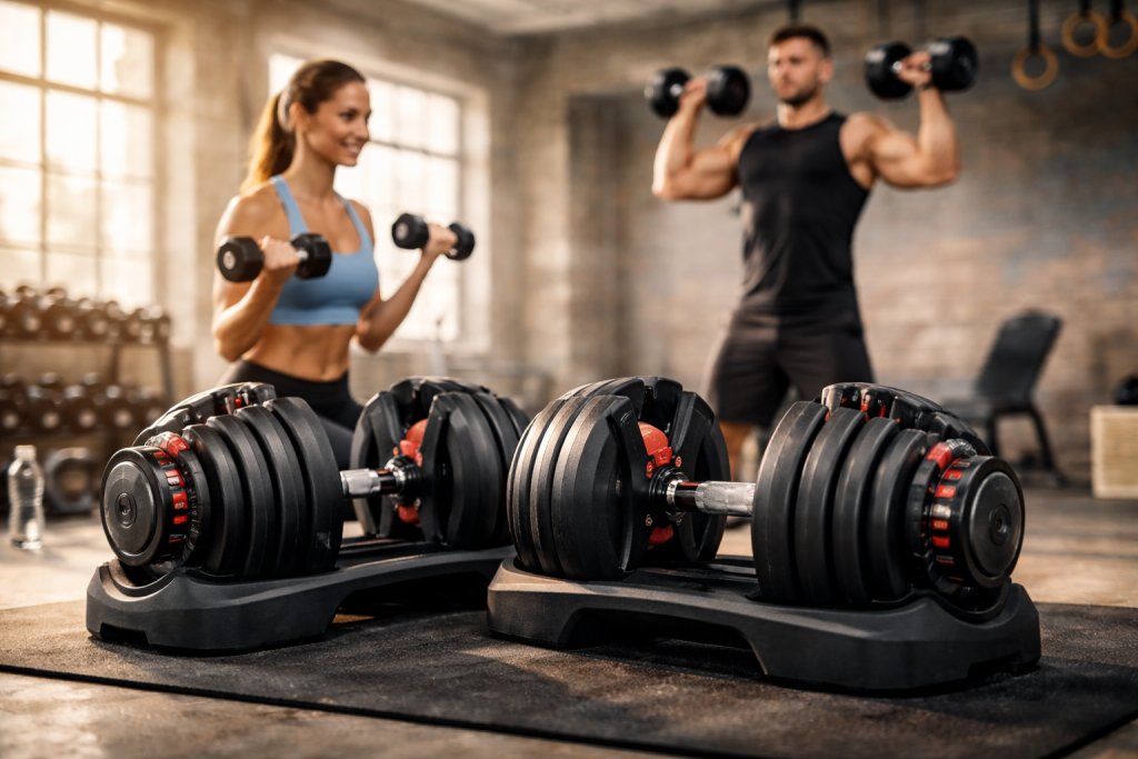 Manubri regolabili fitness utilizzati durante un allenamento di forza in palestra.