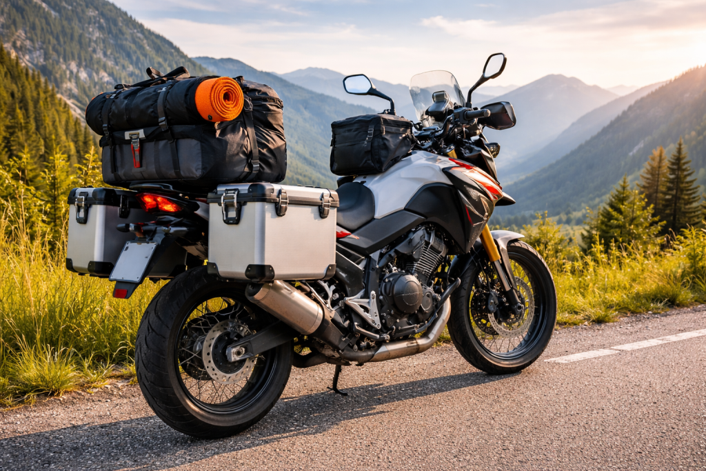 Moto da viaggio con valigie laterali e bagagli pronta per un tour su strada.