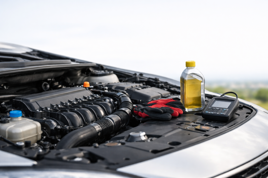 Motore di auto moderno in primo piano con componenti puliti e dettagli meccanici ad alta definizione