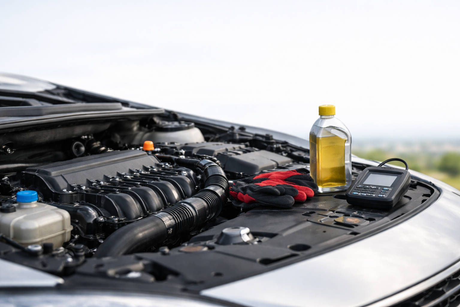 Motore di auto moderno in primo piano con componenti puliti e dettagli meccanici ad alta definizione