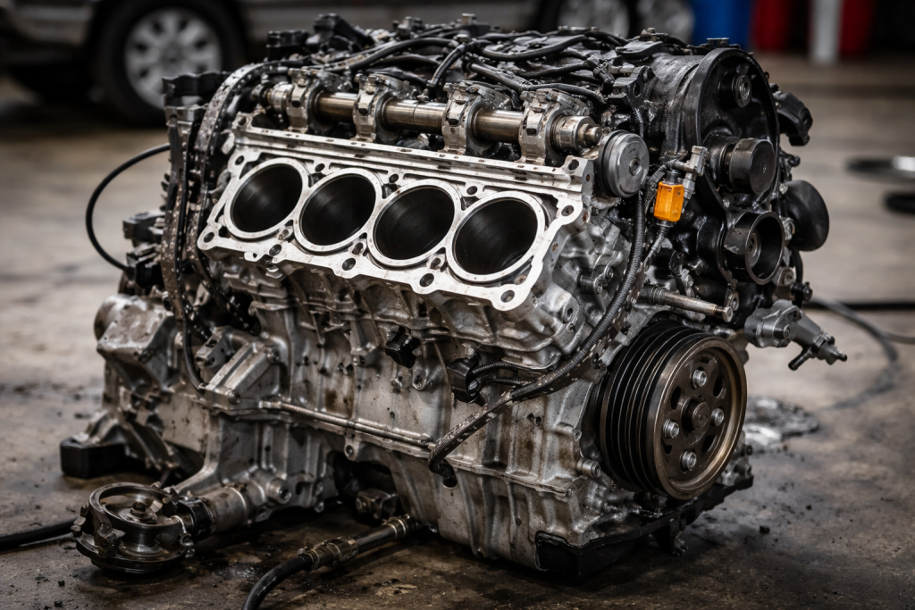 Motore automobilistico smontato con pistoni, albero motore e componenti disposti su banco.
