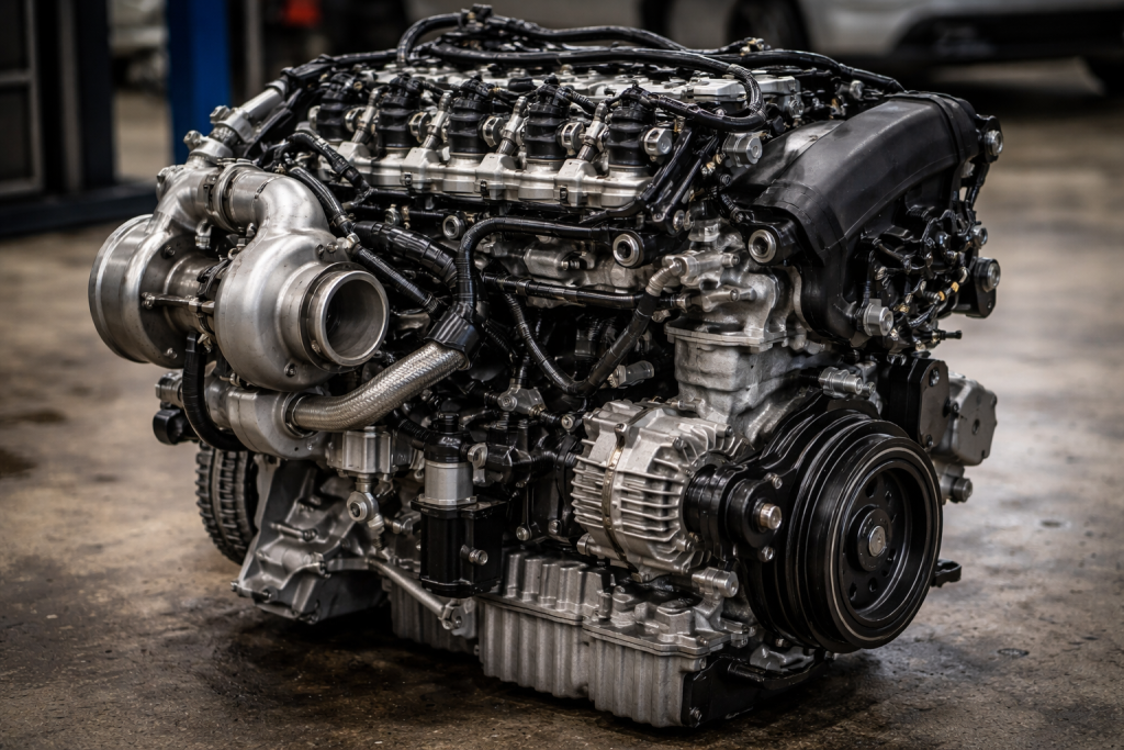 Motore diesel automobilistico con sistema di iniezione e turbocompressore.