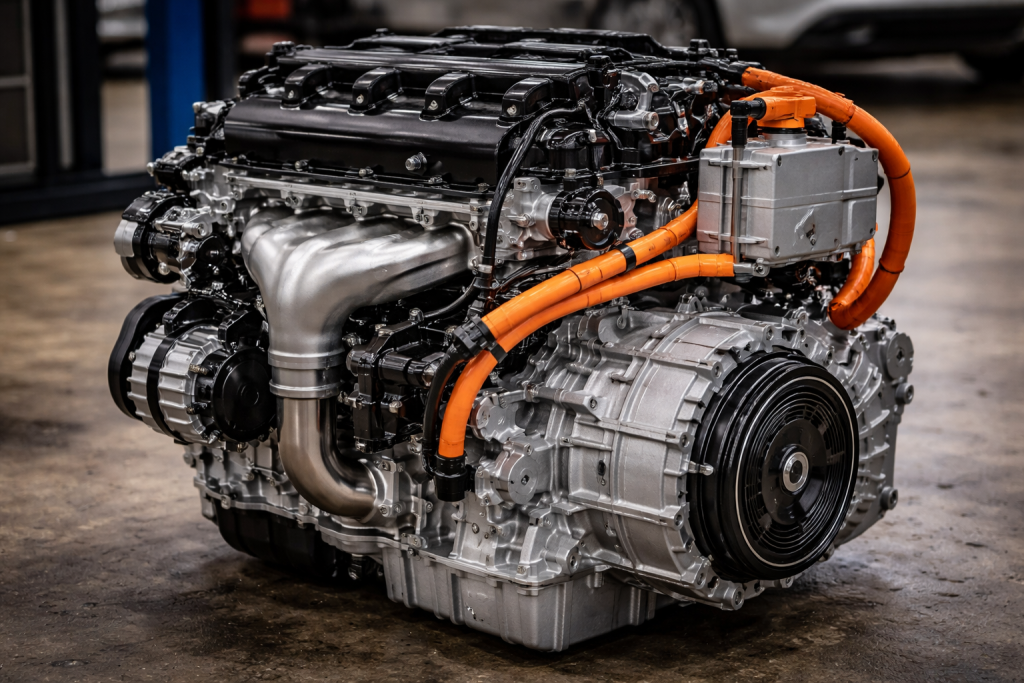 Motore ibrido automobilistico con unità elettrica e cavi ad alta tensione.