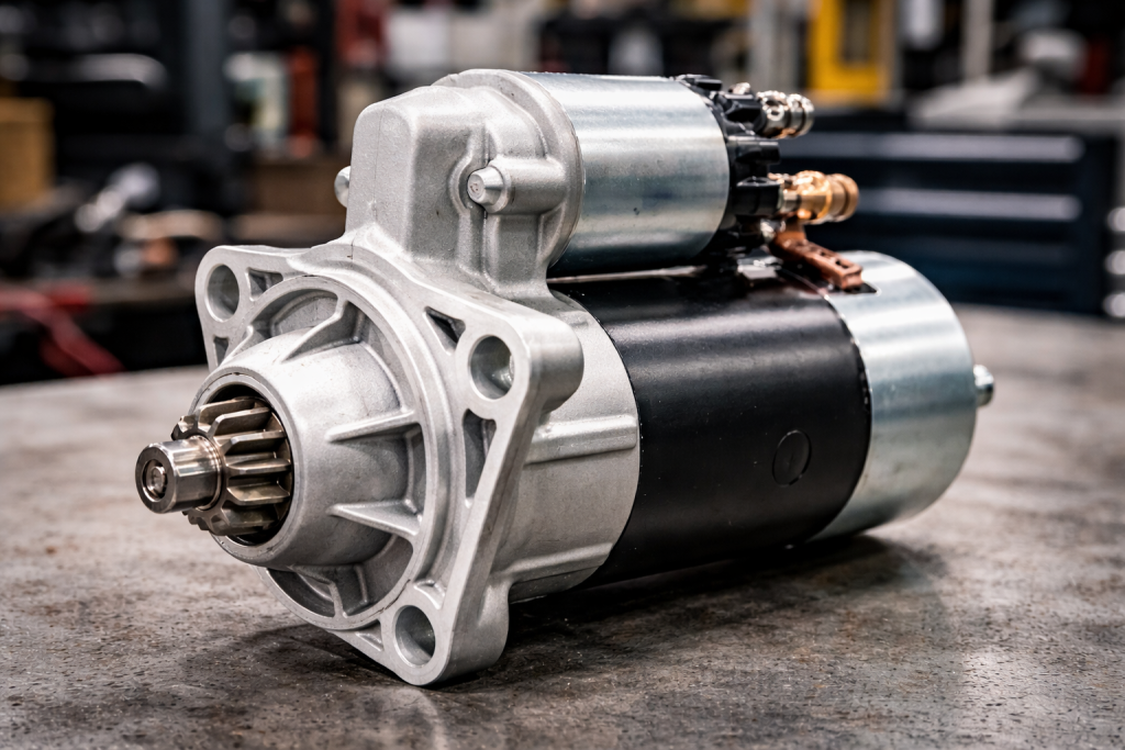 Motorino di avviamento auto con pignone e solenoide su banco da officina