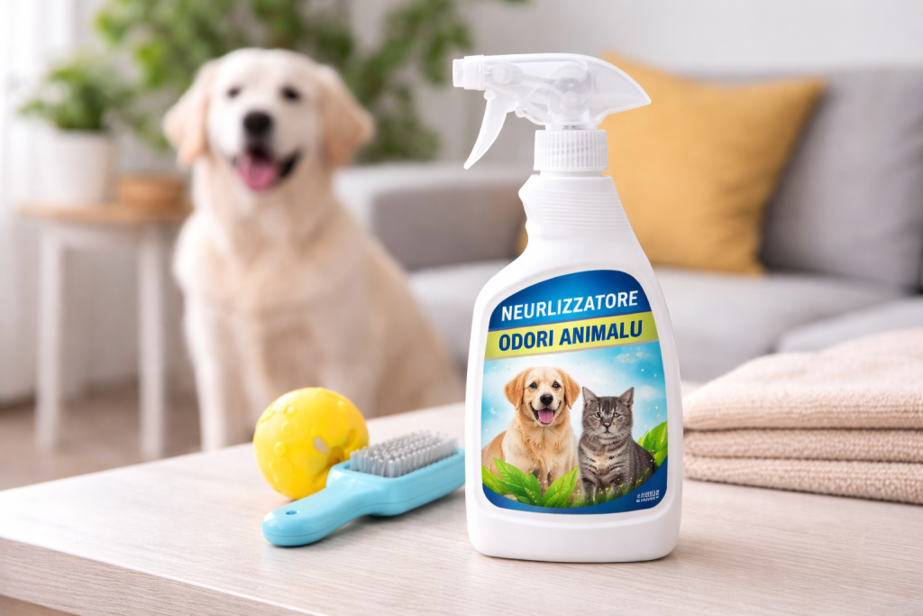 spray neutralizzatore odori per animali domestici con cane in soggiorno