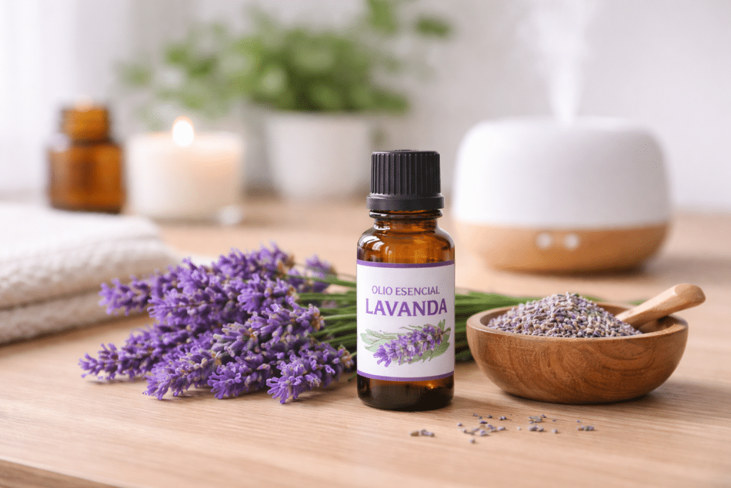 olio essenziale di lavanda con fiori di lavanda usato per profumare gli ambienti