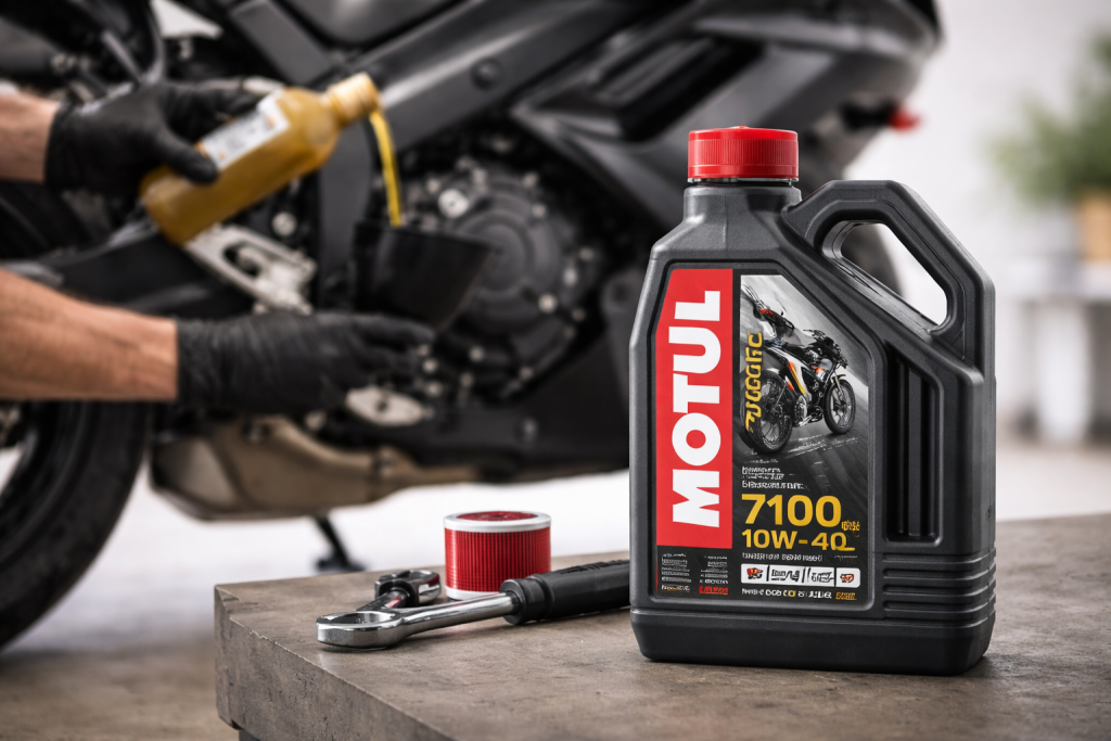 Tanica di olio motore moto sintetico 10W40 4T durante il cambio olio in officina