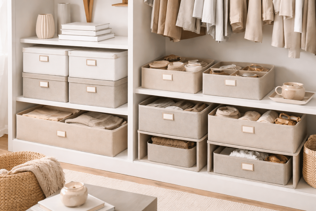 Organizer modulari per casa in ambiente ordinato e minimalista