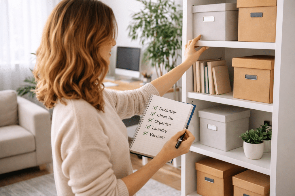 Donna che riordina casa con planner e checklist in soggiorno organizzato