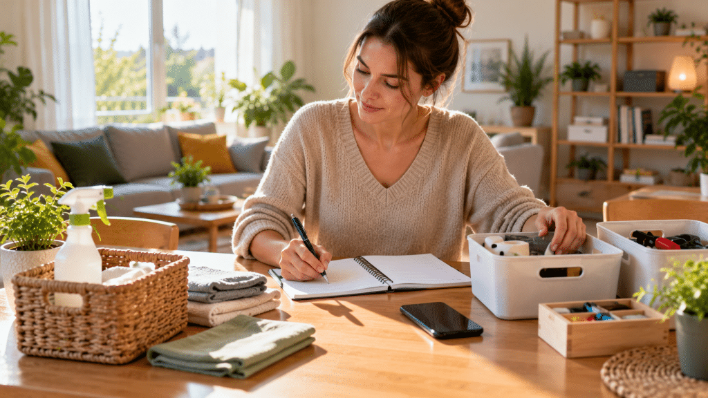 woman organizing house tidying with notebook