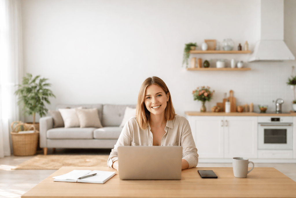 Donna che lavora al laptop in casa luminosa e ordinata con spazio vuoto sopra