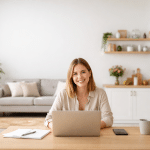 Woman working on laptop in bright and tidy house with empty space above