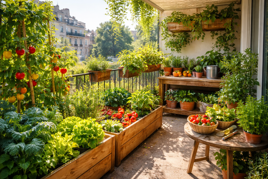 Vegetable garden on the sunny balcony with pots of tomatoes, aromatic herbs and vegetables grown in containers