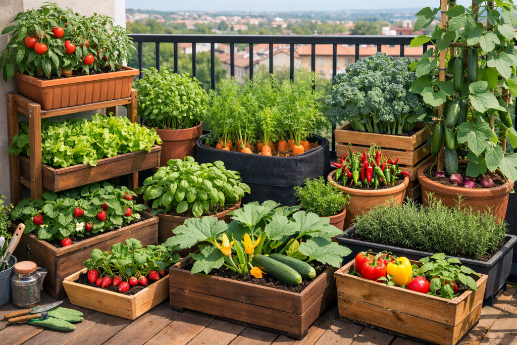 Orto sul balcone con vasi e cassette in legno con pomodori, lattuga, zucchine, peperoni e erbe aromatiche.