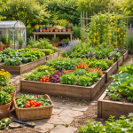 Panoramica di un orto domestico stagionale con aiuole rialzate coltivate con ortaggi, erbe aromatiche e verdure fresche.