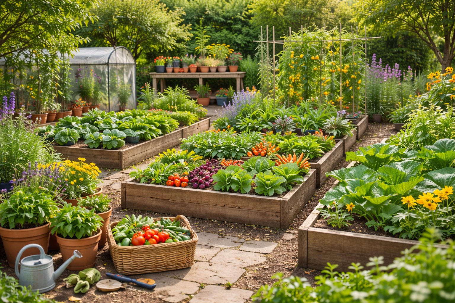 Panoramica di un orto domestico stagionale con aiuole rialzate coltivate con ortaggi, erbe aromatiche e verdure fresche.