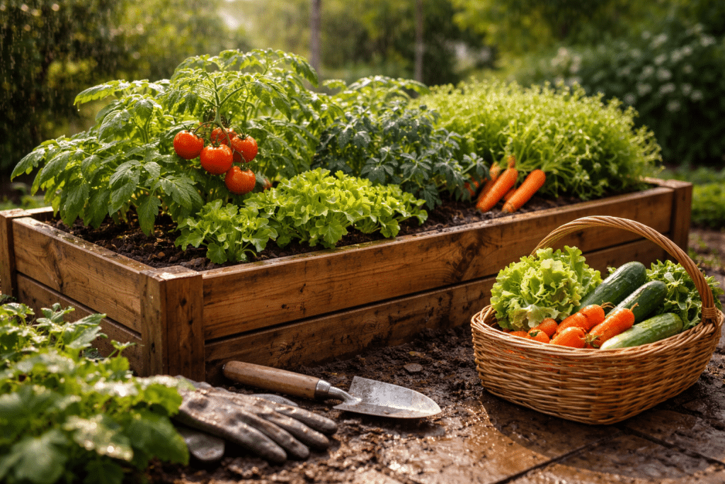 Orto dopo la pioggia con piante bagnate e luce naturale