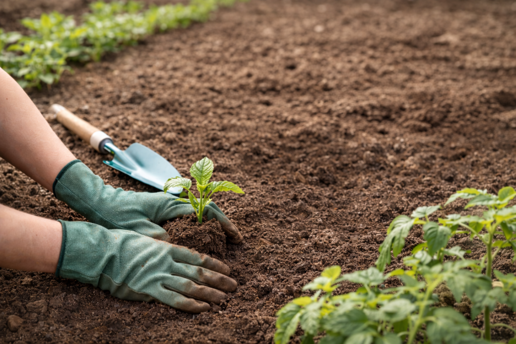 Manos enguantadas plantando una plántula en el jardín de tierra preparada.