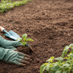 mani con guanti che piantano una piantina nell'orto in terra preparato