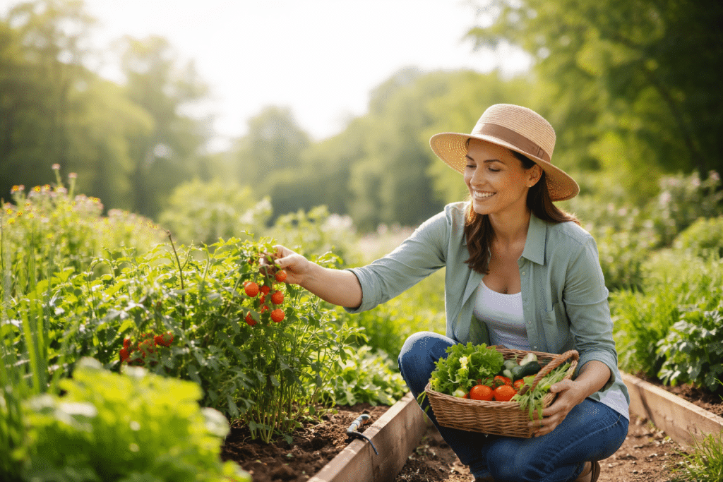 Donna che raccoglie pomodori in un orto soleggiato, attività rilassante all’aperto