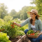 Woman picking tomatoes in a sunny vegetable garden, relaxing outdoor activity
