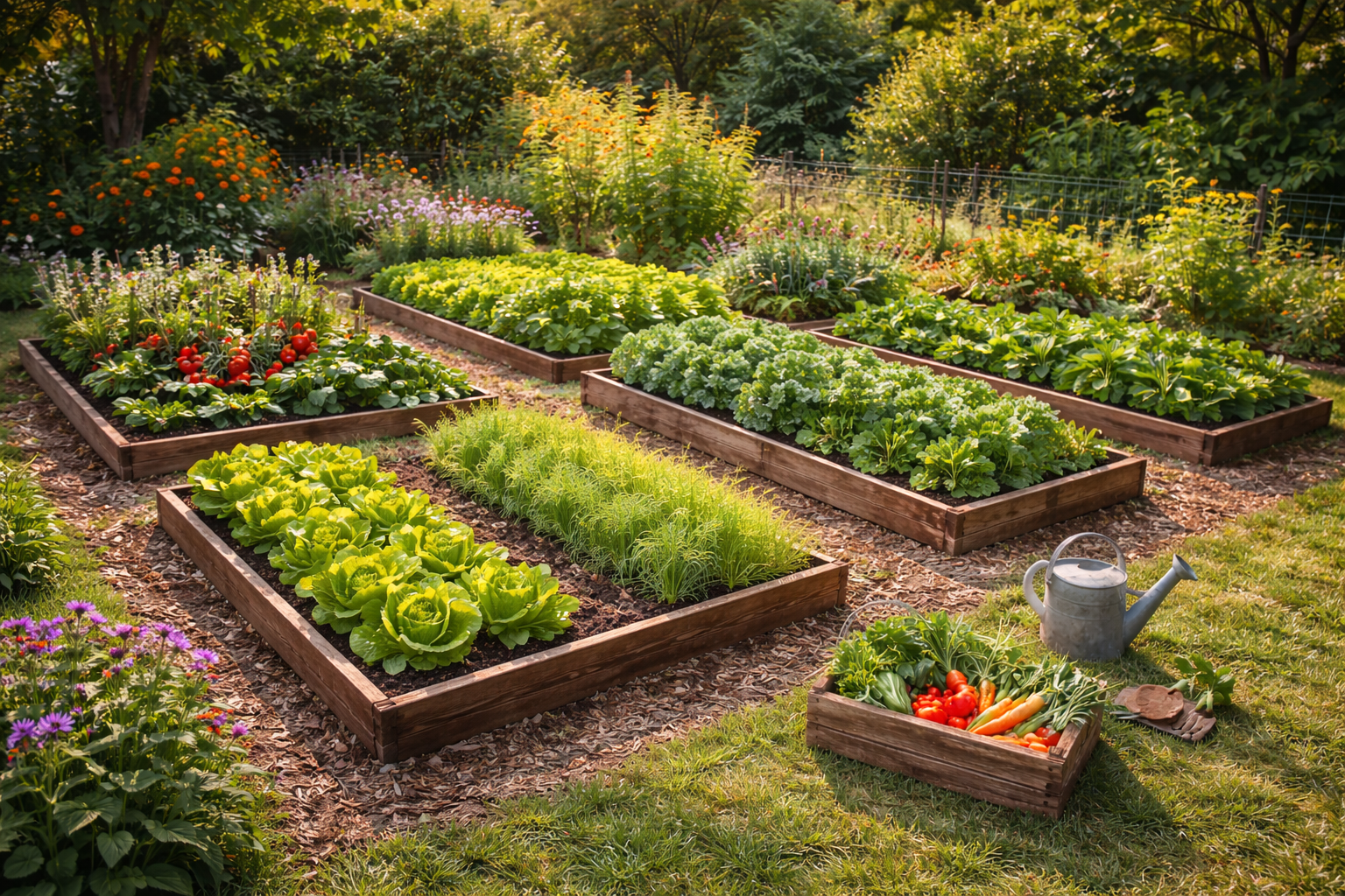 orto soleggiato in giardino con file di verdure coltivate