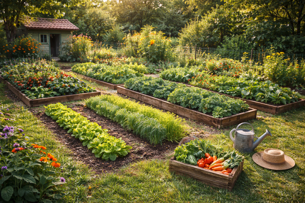 orto soleggiato in giardino con aiuole di verdure coltivate