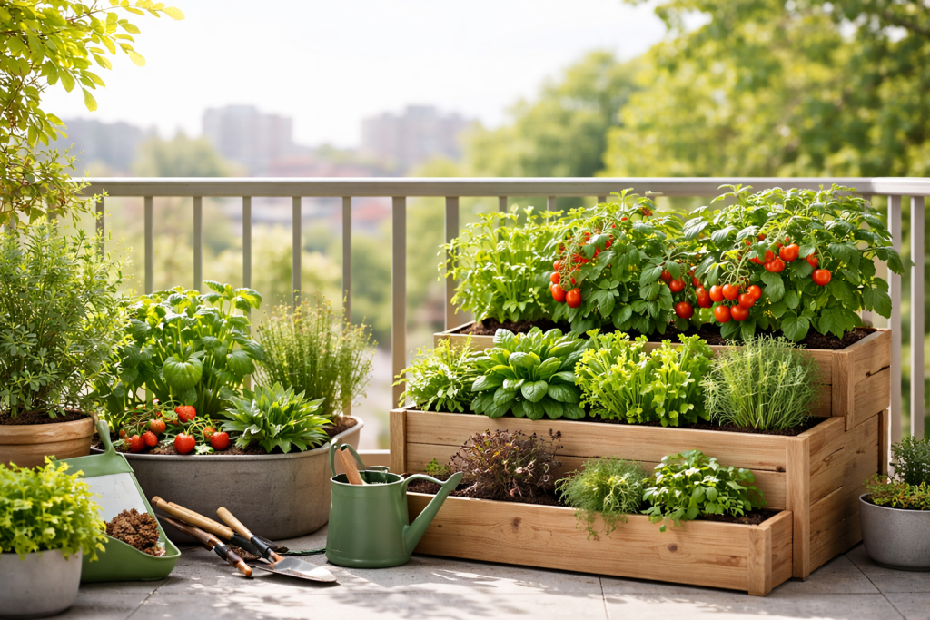 Orto sul balcone con piante di pomodori, erbe aromatiche e lattuga coltivate in vasi