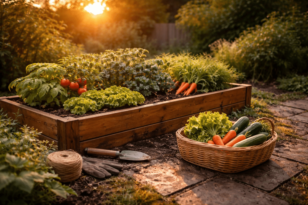 Orto al tramonto con luce calda e atmosfera calma e rilassante
