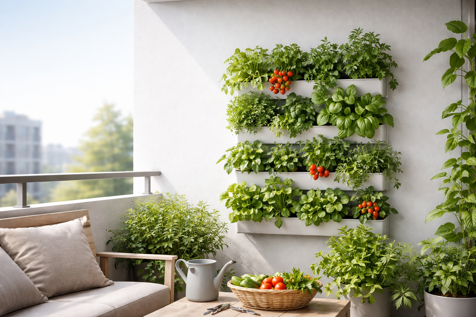 orto verticale su balcone con piante aromatiche e pomodori coltivati in struttura verticale moderna