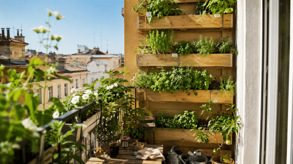 Small balcony with a bright vertical garden and aromatic plants grown vertically