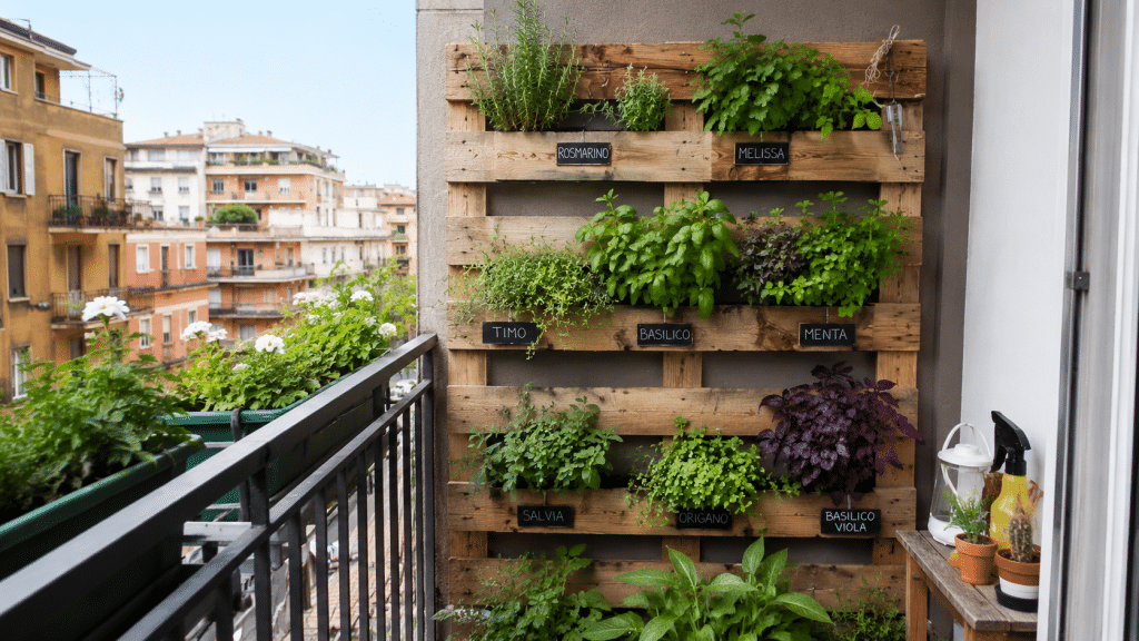 DIY vertical pallet with aromatic plants on a small urban balcony.